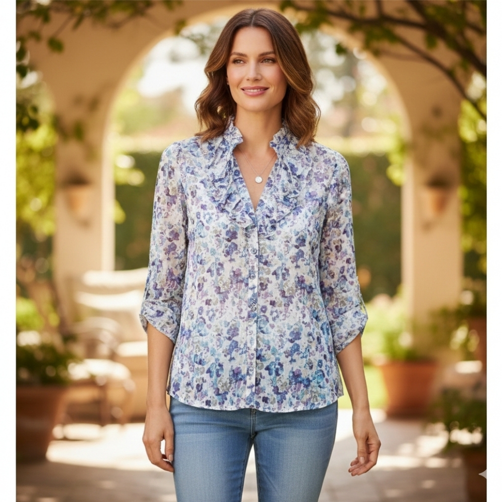 🍒2OH Two Old Hippies Cotton Watercolor Floral Button Up Blouse MRSP $139